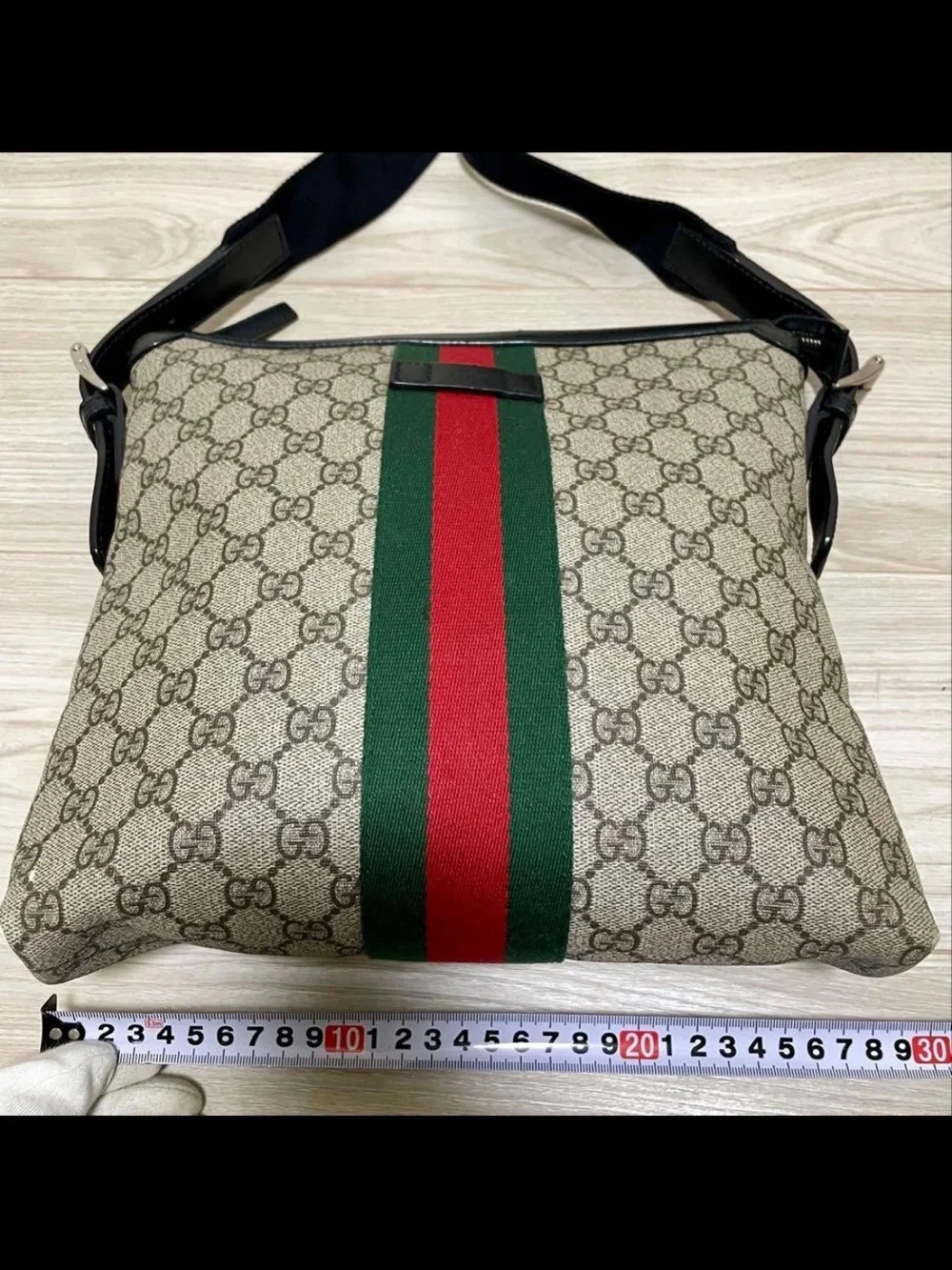 Gucci Beige Monogram Messenger Bag with Red and Green Web Stripe